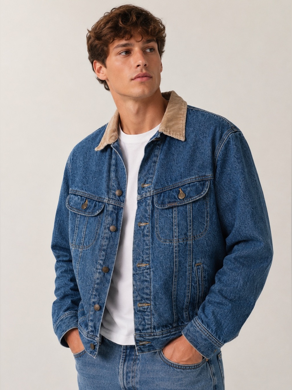 Riders by Lee Blue Denim Jacket with Tan Corduroy Collar size Large